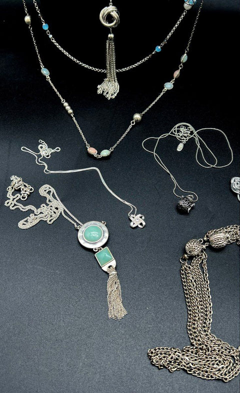 Vintage & Modern Silver Tone Jewelry Lot 10 Necklaces Bib Tassel Napier Boho