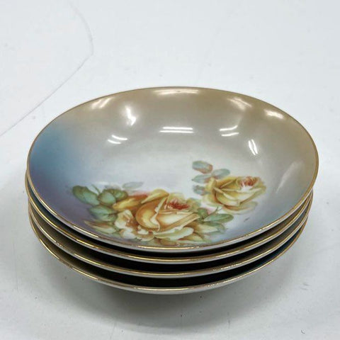 Set of 4 Vintage German Porcelain Small Bowls Yellow Rose Pattern Gold Trim