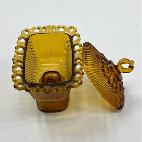 Pressed Glass Amber Ribbed Lidded Candy Dish Footed Compote Vintage 8 Inch