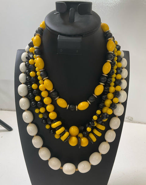 Lot of Black Yellow and White Plastic Beaded Necklaces Vintage 9 Pieces