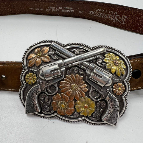 Nocona Brown Western Leather Crossed Guns Revolver Floral Buckle Belt Womens 26
