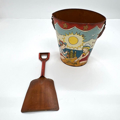 Vintage Litho Tin Sand Pail and Shovel Set Children Beach Scene Toy 1950s
