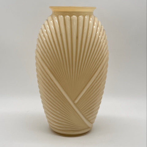 Art Deco Custard Glass Vase Large 13 Inch Sunburst Fluted Fan Motif Vintage