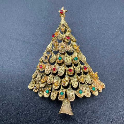 Vintage Christmas Tree Brooch Lot 5 Gold Tone Rhinestone Enamel Holiday Pins