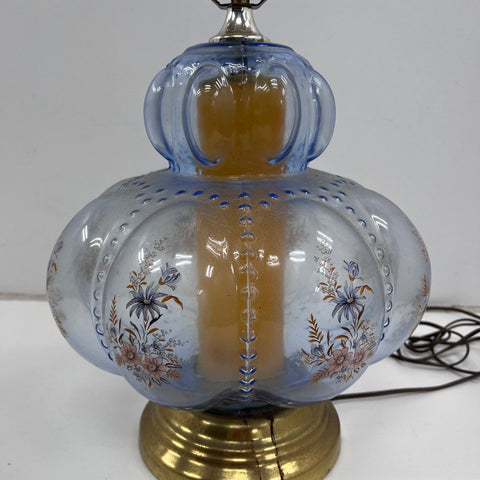 Carl Falkenstein Blue Glass Floral Table Lamp Brass Base Vintage Works