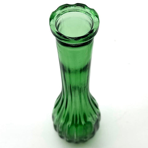 Vintage Green Glass Vase Set 3 Piece Lot Textured Ribbed Diamond Bud Vases