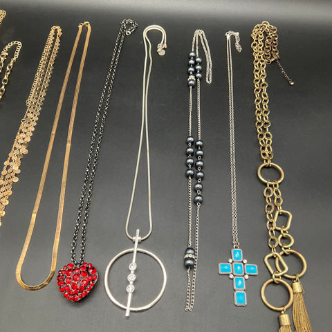 Mixed Fashion Costume Jewelry Lot 9 Necklaces Heart Cross Tassels 0.68 lbs
