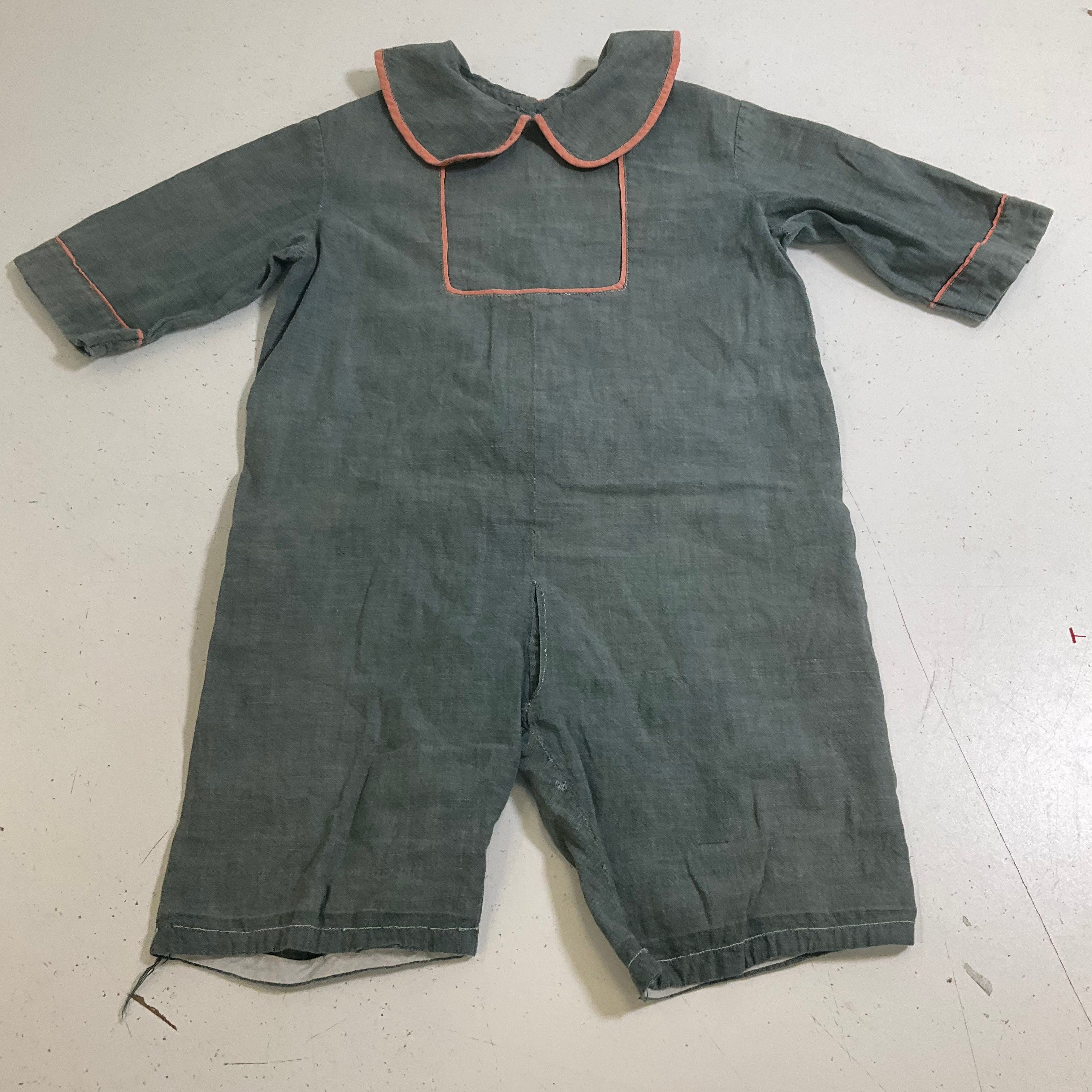 Vintage 1950s Baby Romper Chambray Drop Seat Peter Pan Collar Gray One Piece