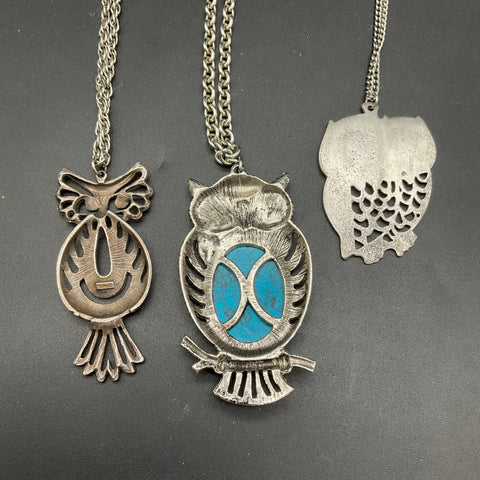 Vintage Owl Pendant Necklace Lot of 3 Silver Tone Torino Blue Stone Whimsical