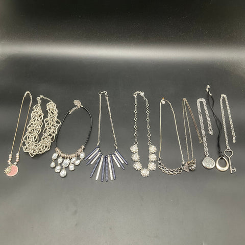 Costume Jewelry Necklace Lot 10pc Silver Tone Rhinestone Statement Pendant Bib