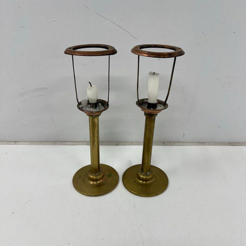 Vintage Brass and Copper Candlesticks Pair Mixed Metal Nautical Style 13"