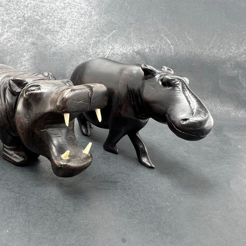 Vintage Hand Carved Hardwood Hippo Figurines Set of 2 African Art Open Mouth