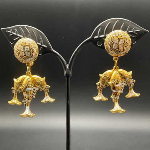 Vintage Etruscan Revival Damascene Style Fish Drop Earrings Screw Back