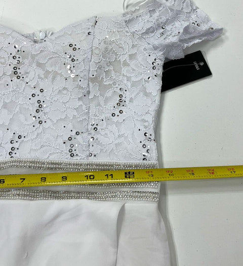 Vintage Y2K La Scala NWT White Sequin Lace Off Shoulder Maxi Dress Women's M