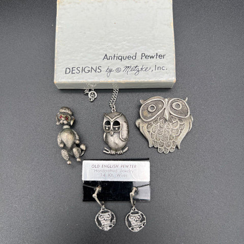 Vintage 70s Pewter Jewelry Lot Metzke Owl Brooch Pendant Poodle Earrings