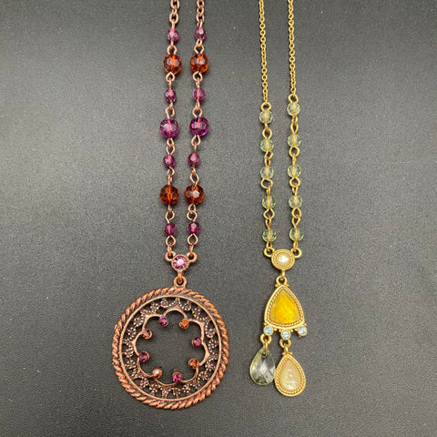 Vintage 1928 Jewelry Lot of 2 Necklaces Gold Copper Tone Rhinestone Bead