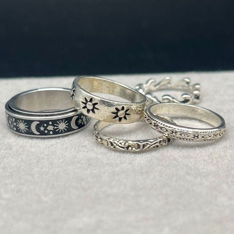 Celestial & Bohemian Silver Tone Ring Lot of 5 Sun Moon Spinner Filigree