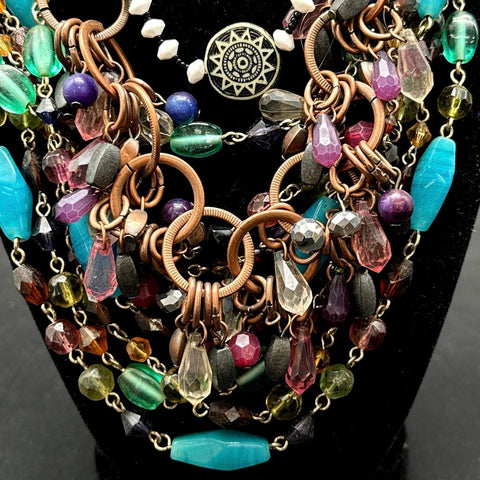 Boho Multi-Strand Beaded Necklace Lot Wood Stone Dreamcatcher Mandala 2 Pieces