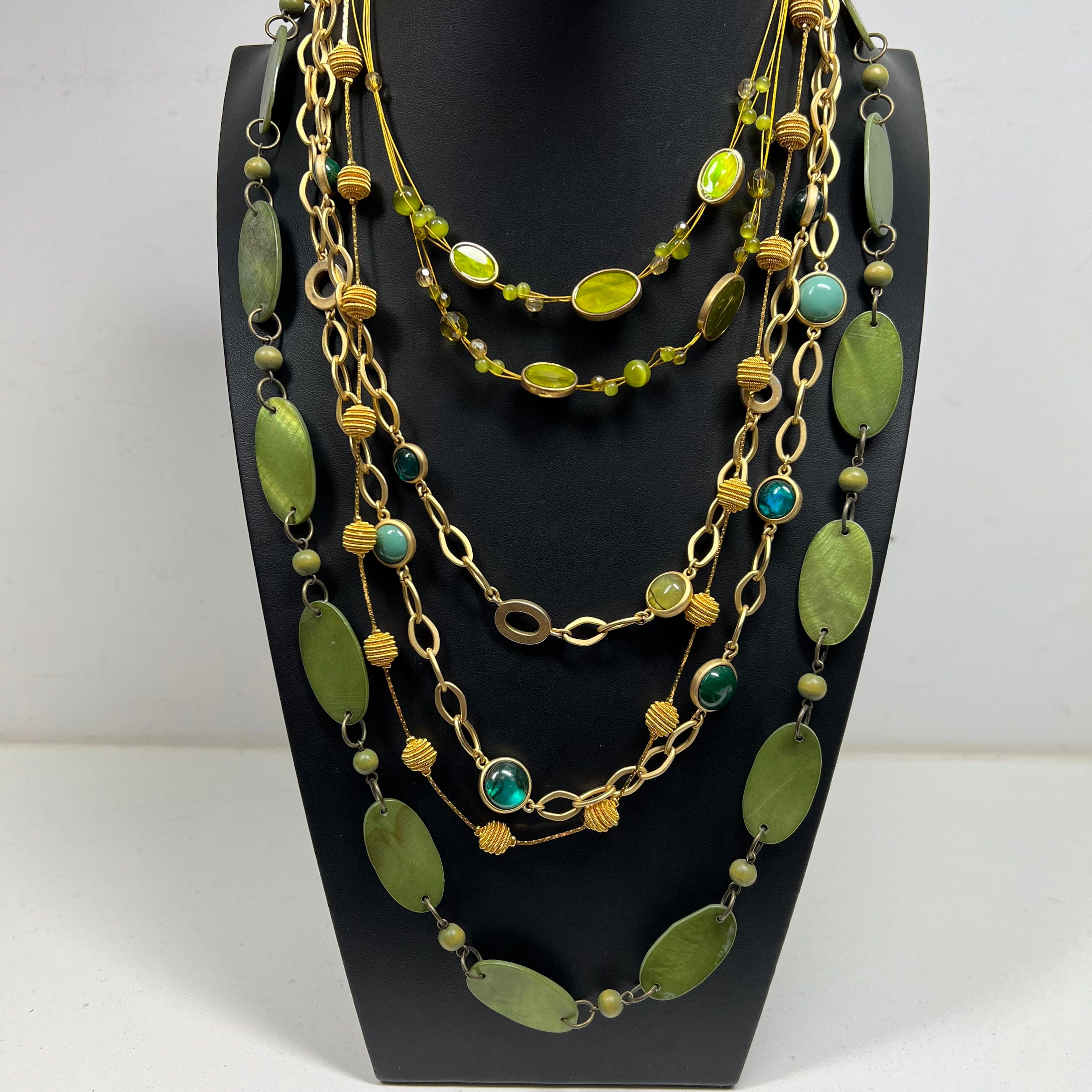 Lot of Green Gold Tone Beaded Chain Necklace Cuff Jewelry Set