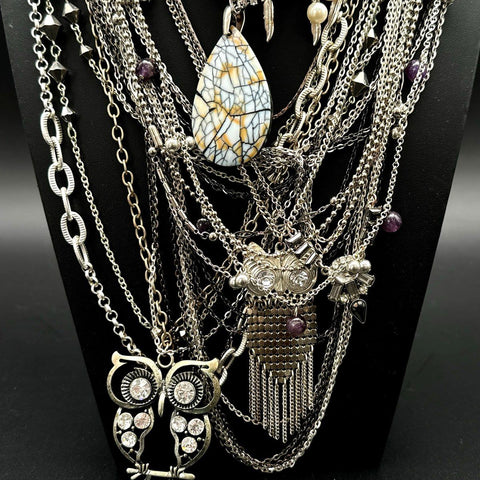 Vintage & Modern Silver Tone Necklace Lot Owl Initial Rhinestone Bib 20 Pieces