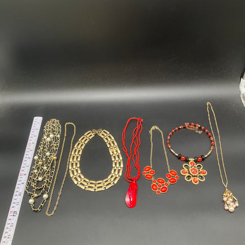 Vintage & Modern Statement Costume Jewelry Lot of 7 Necklaces Bracelet Gold Tone