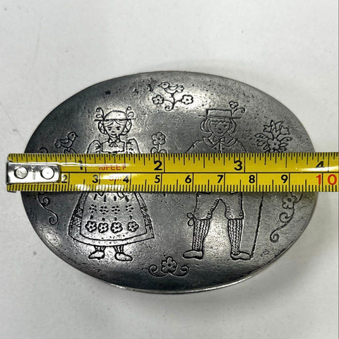 Rein Zinn Pewter Trinket Box German Folk Art Boy Girl Etched Scene Vintage