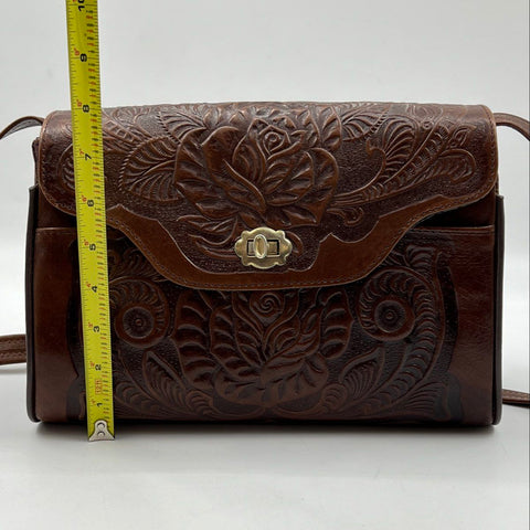 Vintage Brown Hand Tooled Floral Leather Western Crossbody Shoulder Bag