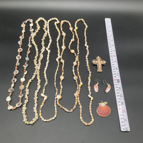Natural Shell Jewelry Lot 6 Necklaces Cross Brooch Earrings Pendant Beachy 9pc