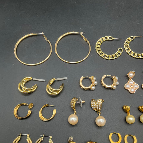 Vintage Gold Tone Costume Jewelry Earrings Lot 23 Pairs Hoops Studs Pearl CZ