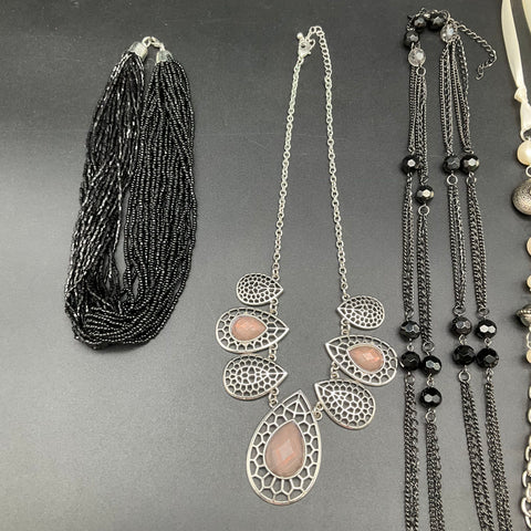 Mixed Costume Jewelry Lot 6 Necklaces Beaded Statement Boho Silver Tone Black