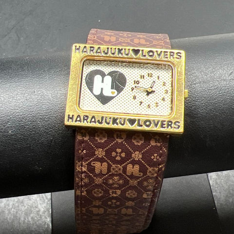 Harajuku Lovers Gold Brown Y2K Fatal Attraction Rectangular Watch Womens Heart