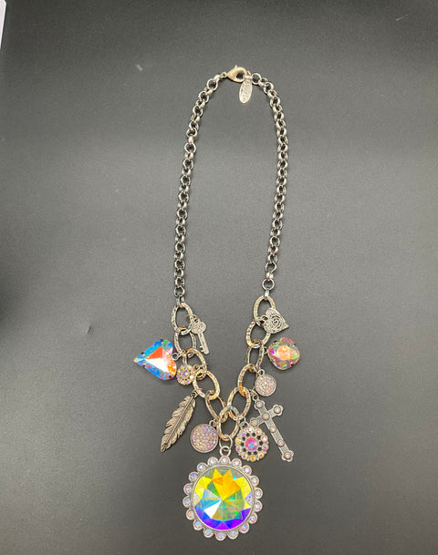 Sandra Ling Signed Silver Tone AB Crystal Chunky Statement Charm Necklace