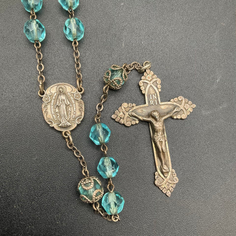 Vintage Religious Lot Sterling Silver 3 Items Blue Glass Rosary AB Cross
