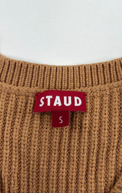Staud Women's Camel Ribbed Knit Balloon Sleeve V-Neck Sweater Dress Sz S