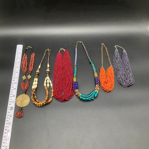 Bohemian Costume Jewelry Lot of 6 Necklaces Multi-Strand Seed Bead Glass Wood