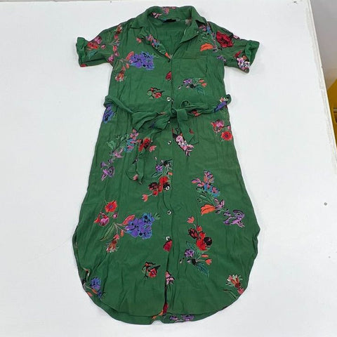 Maeve Anthropologie Green Floral Print Belted Midi Shirtdress Sz XS