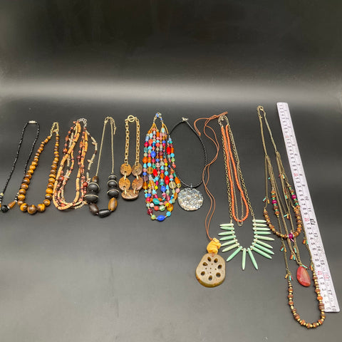 Boho Jewelry Lot 10pc Necklaces Tiger's Eye Wood Stone Shell Beaded Mixed Styles