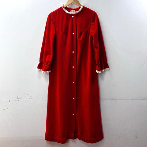 Vintage 70s Raymodes Red Velour Lace Trim Button Front Nightgown Robe Sz NS