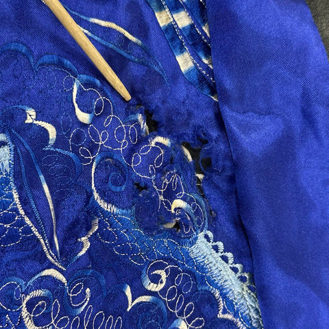 Vintage 80s Unisex Embroidered Dragon Robe Kimono Black Blue Silk Souvenir
