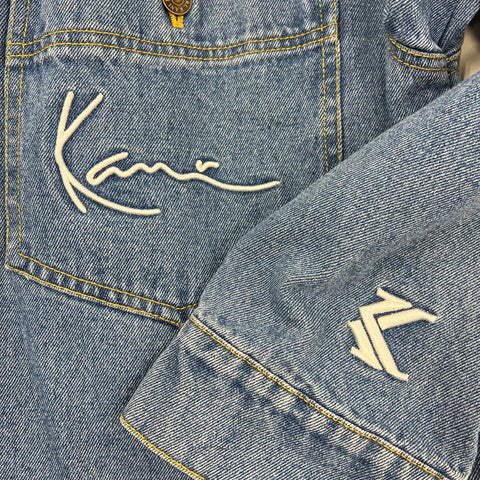Vintage 90s Karl Kani Blue Embroidered Signature Denim Jean Jacket Men's XXL
