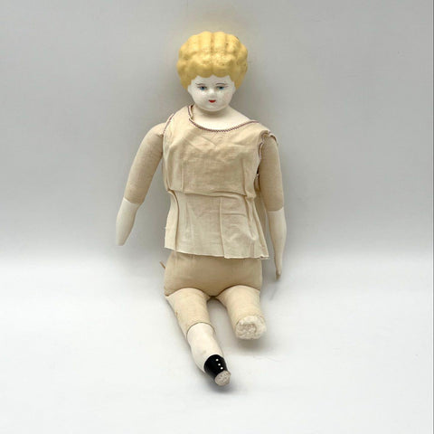 Antique Porcelain Bisque China Head Doll Cloth Body Blonde Hair 17 Inch Vintage