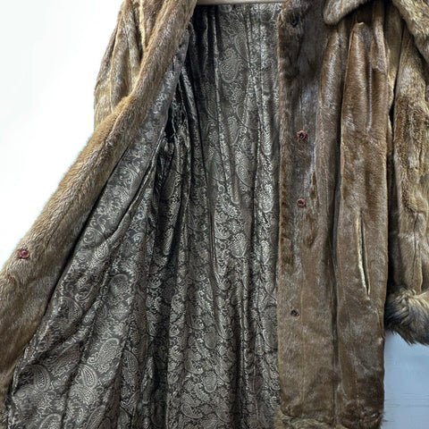 Vintage Women's Brown Genuine Fur Long Coat Paisley Lining Fur Trimmed