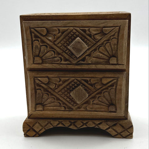 Vintage Hand Carved Wood Jewelry Trinket Box 2 Drawer Folk Art Ornate Chest