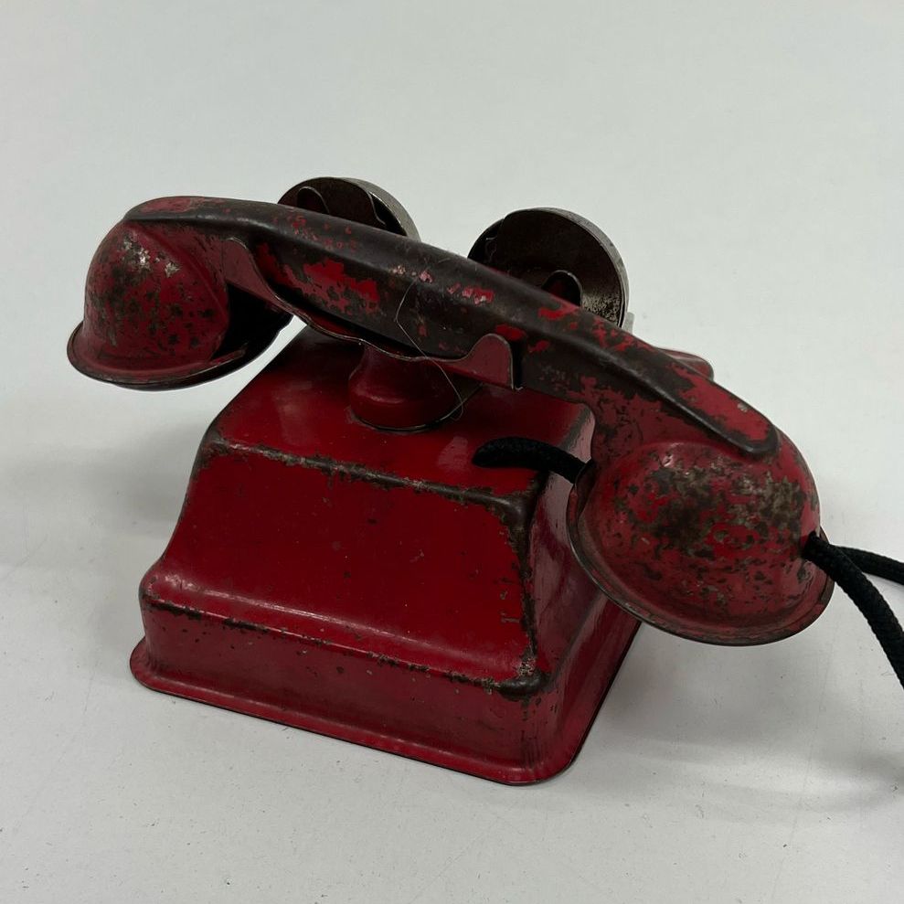 Collectible Vintage Children's Red Painted Metal Rotary Telephone Toy