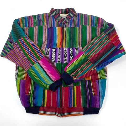 Vintage 90s Diseños Patchwork Colorful Stripe Zip Jacket Made in Guatemala Sz L