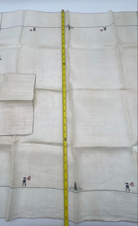 Miller & Rhoads Pagoda Embroidered Linen Tablecloth Napkin Set 5pc Vintage
