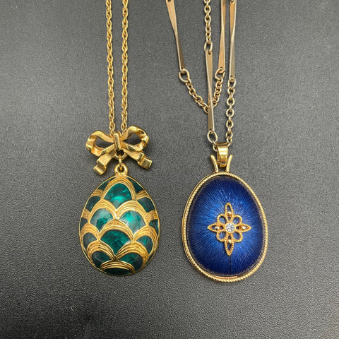 Vintage Avon Faberge Style Egg Pendant Necklaces Set of 2 Gold Tone Enamel