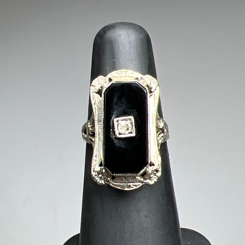 14K White Gold Filigree Art Deco Black & Clear Stone Ring Size 4 3.47g
