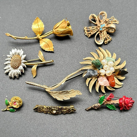 Vintage McLean Floral Brooch Jewelry Lot 7 Pc Enameled Rose Sunflower Stones
