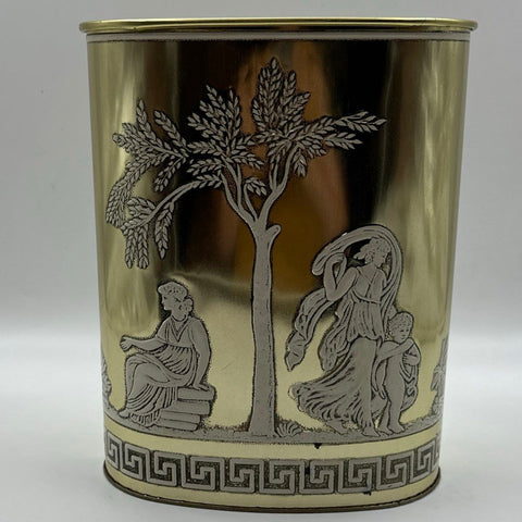 Vintage Brass Tone Metal Waste Basket Neoclassical Classical Greek Key USA